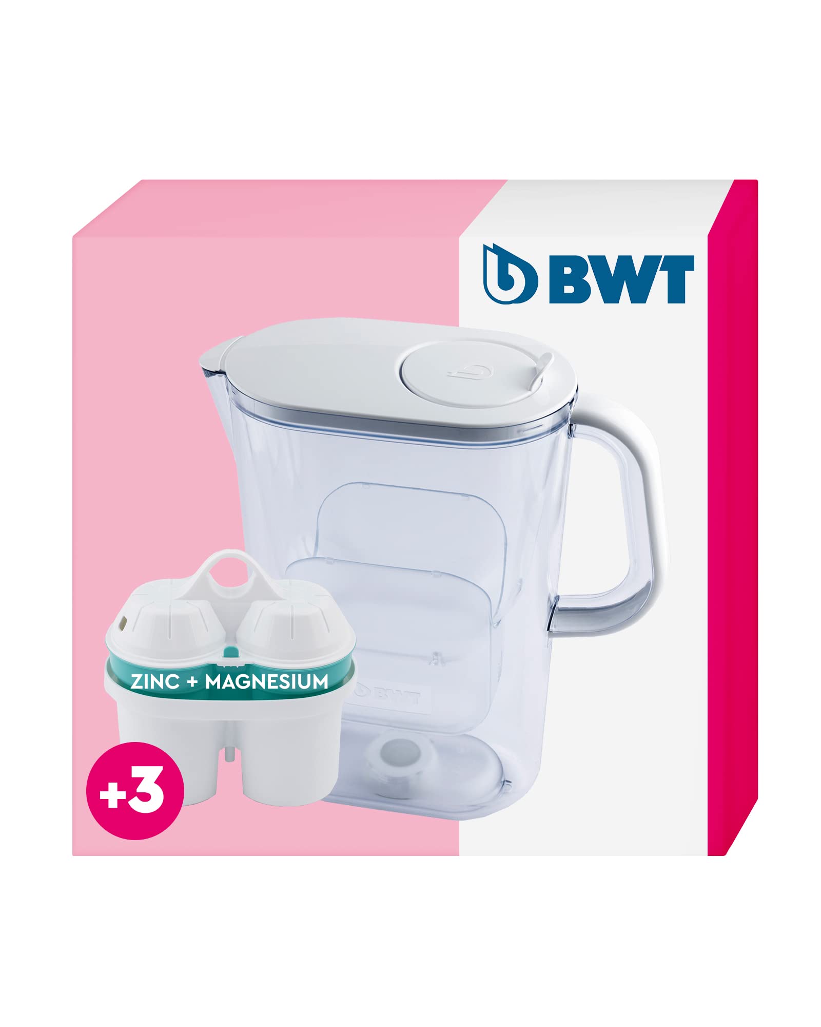 BWT Wasserfilter AQUAlizer 2,6L + 3 Zink Filterkartuschen | Wasserfilter Trinkwasser | Für Speisen & Getränke | Filtert Kalk, Chlor, Blei & Kupfer | Mit Zink & Magnesium
