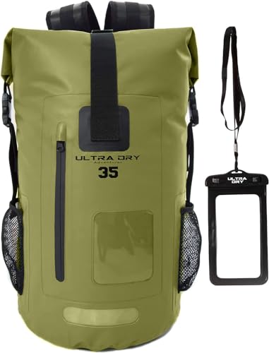 Premium 35L & 55L wasserdichter Dry Bag Rucksack, Sack mit Handy-Trockentasche, perfekt für Bootfahren/Kajakfahren/Wandern/Kanufahren/Angeln/Rafting/Schwimmen/Camping (Armeegrün, 55 Liter)