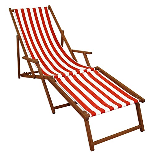 Erst-Holz Strandliege rot-weiß Gartenliege Relaxliege Fußteil Liegestuhl Deckchair Buche dunkel 10-314 F