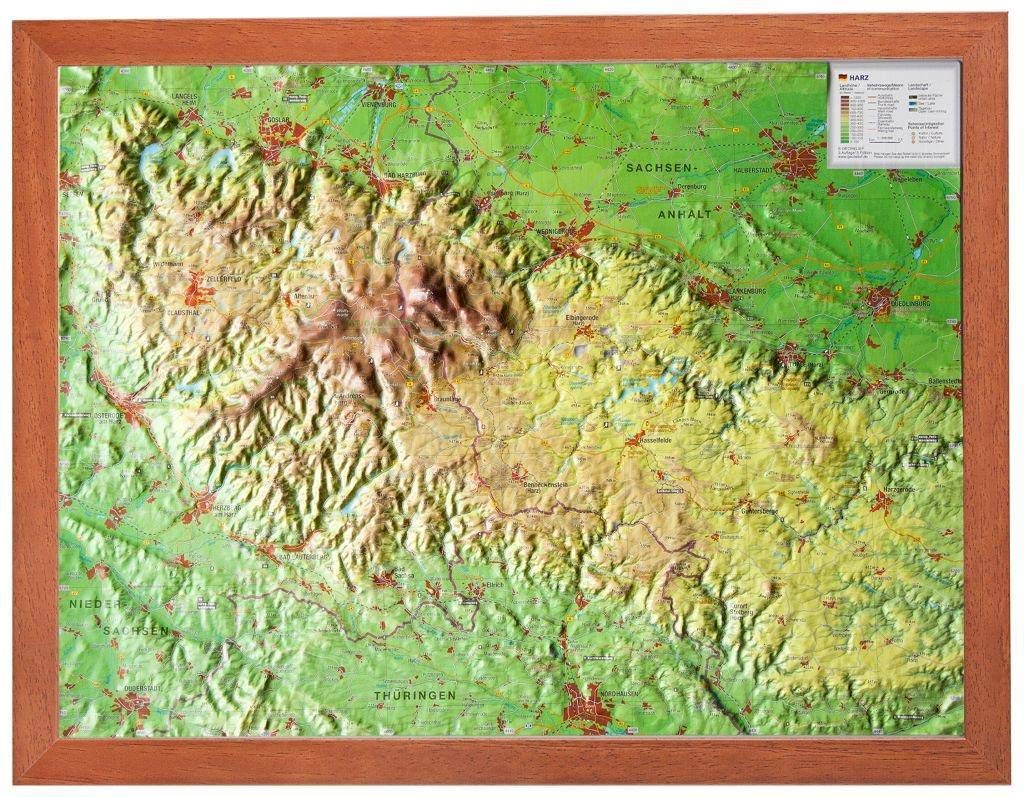 Harz 1:200000 mit Rahmen: Reliefkarte Harz klein mit Holzrahmen: Tiefgezogenes Kunststoffrelief