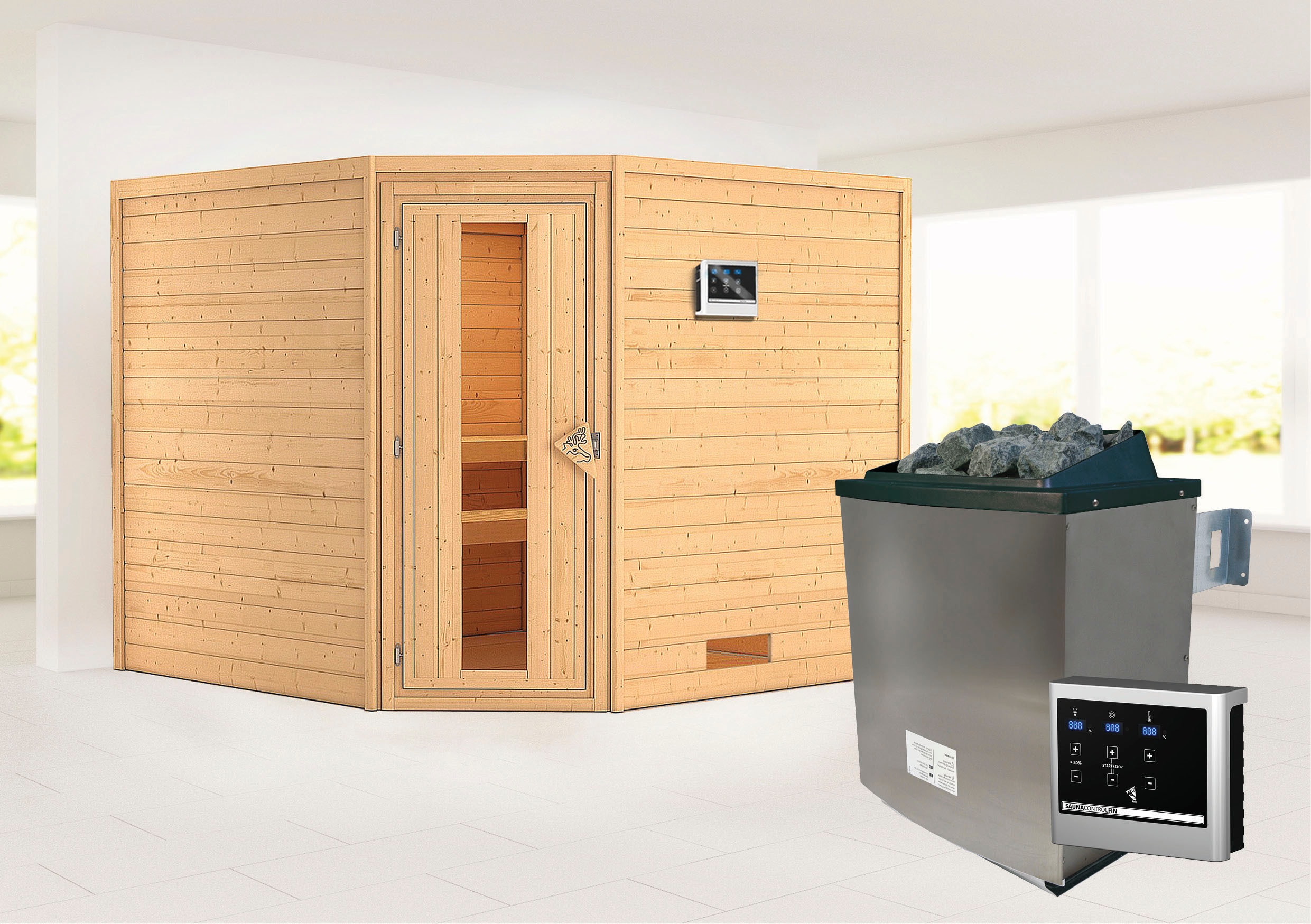 Karibu Sauna ""Leona" mit Energiespartür Ofen 9 KW externe Strg modern"