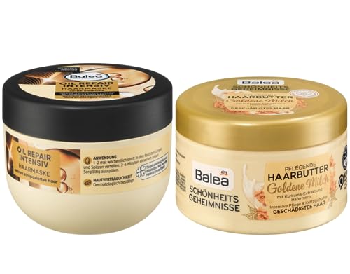 Balea 2er-Set Haarpflege: Haarkur OIL REPAIR INTENSIV 3-fach Öl + Keratin für extrem strapaziertes, brüchiges Haar (300 ml) + HAARBUTTER GOLDENE MILCH Kräftigung für geschädigtes Haar (250 ml), 550 ml