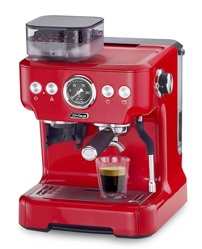 Trisa Espresso Barista Plus, Siebträgermaschine mit Kegelmahlwerk, Dualboiler, 20 Bar Pumpendruck, 2.7 l Wassertank, Dampfdüse für Milchschaum und Heisswasser, Stecker nur für CH/LI (Rot)