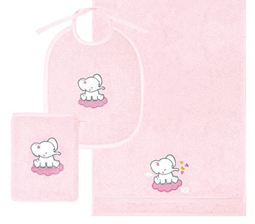Lashuma 3er Baby Geschenkset rosa, je 1x Handtuch 50x90 - Waschlappen 15x21 - Lätzchen 25x30, Stick: Elefant