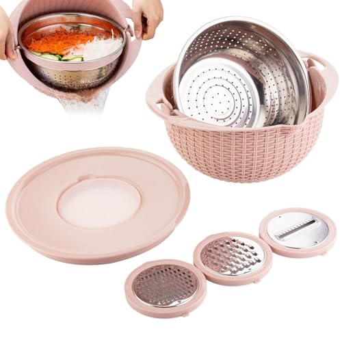 4-1 Colander mit Mixing Bowl Set Edelstahlsiegern und Colanders mit 3 austauschbaren Cutter Reissieb für Küchengemüse Waschen, Schneiden, Kneten