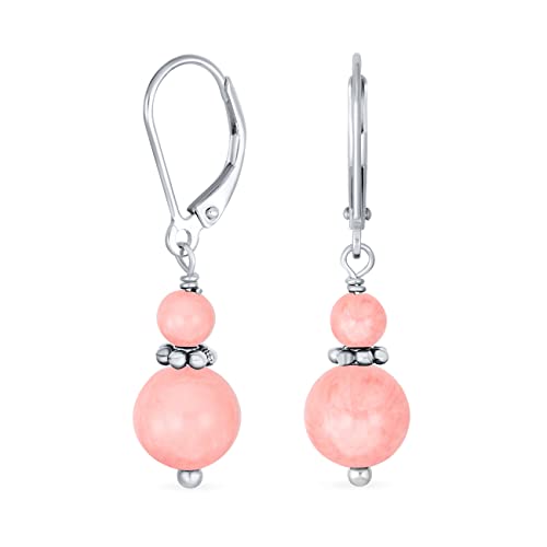 Edelstein Natural Pink Coral Boho Bali Milgrain Edged Beaded Rondel Separator Double Ball Round Drop Dangle Earrings For Women Teen .925 Sterling Silver Lever Back