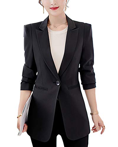 Damen Slim Fit Lange Ärmel Frontseite Öffnen Arbeit Büro Blazer Anzugjacke Schwarz XL