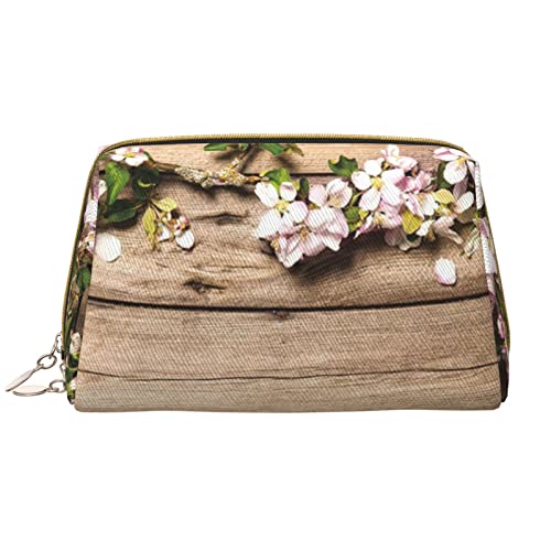 Rustikale Holzblumen-Make-up-Tasche mit großem Fassungsvermögen, Reise-Kosmetiktasche, PU-Leder, Make-up-Organizer-Tasche für Frauen, weiß, Einheitsgröße