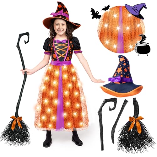Spoktakuläre Kreationen Hexenkostüm für Mädchen, leuchtet orange Hexenkostüm, Märchen Hexe Halloween Kostüm Kleid Up-M