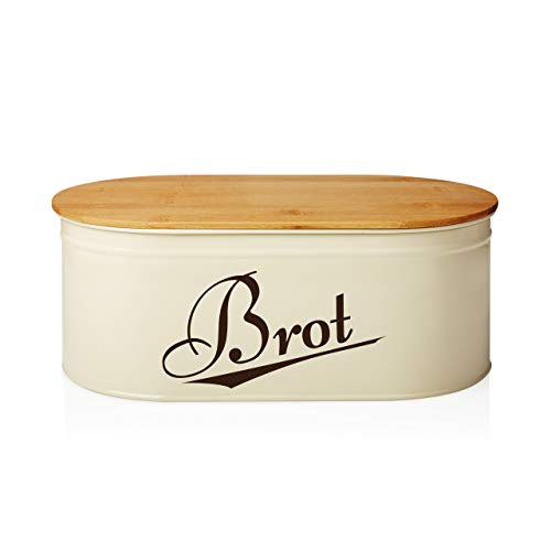 Lumaland Cuisine Brotkasten Brotdose Brotbox aus Metall mit Bambus Deckel, oval 36 x 20 x 13,8 cm Beige