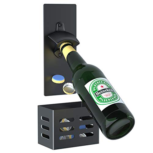 Weallbuy Magnetischer Flaschenöffner mit Deckelfänger, abnehmbarer wandmontierter Bierflaschenöffner für Küche, Kühlschrank, Biergeschenke für Männer (schwarz)