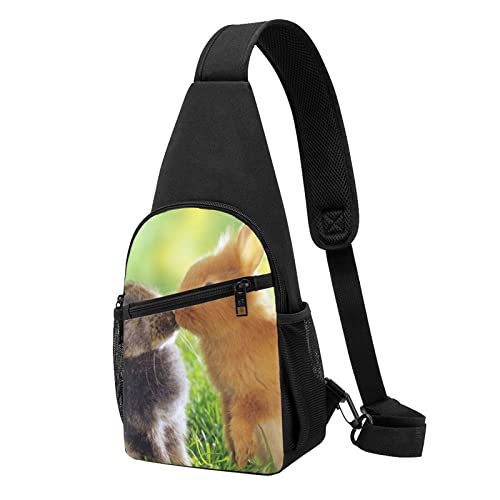 Brusttasche mit Kaninchen-Motiv, bedruckt, für Reisen, Wandern, Tagesrucksack, Schwarz , Einheitsgröße