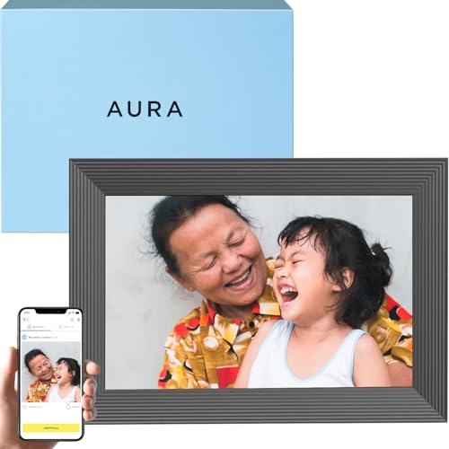 Aura Carver Intelligenter digitaler Bilderrahmen 10,1 Zoll HD WLAN Cloud Digitaler Fotorahmen, Kostenloser unbegrenzter Speicherplatz, Fotos von überall aus senden – Gravel