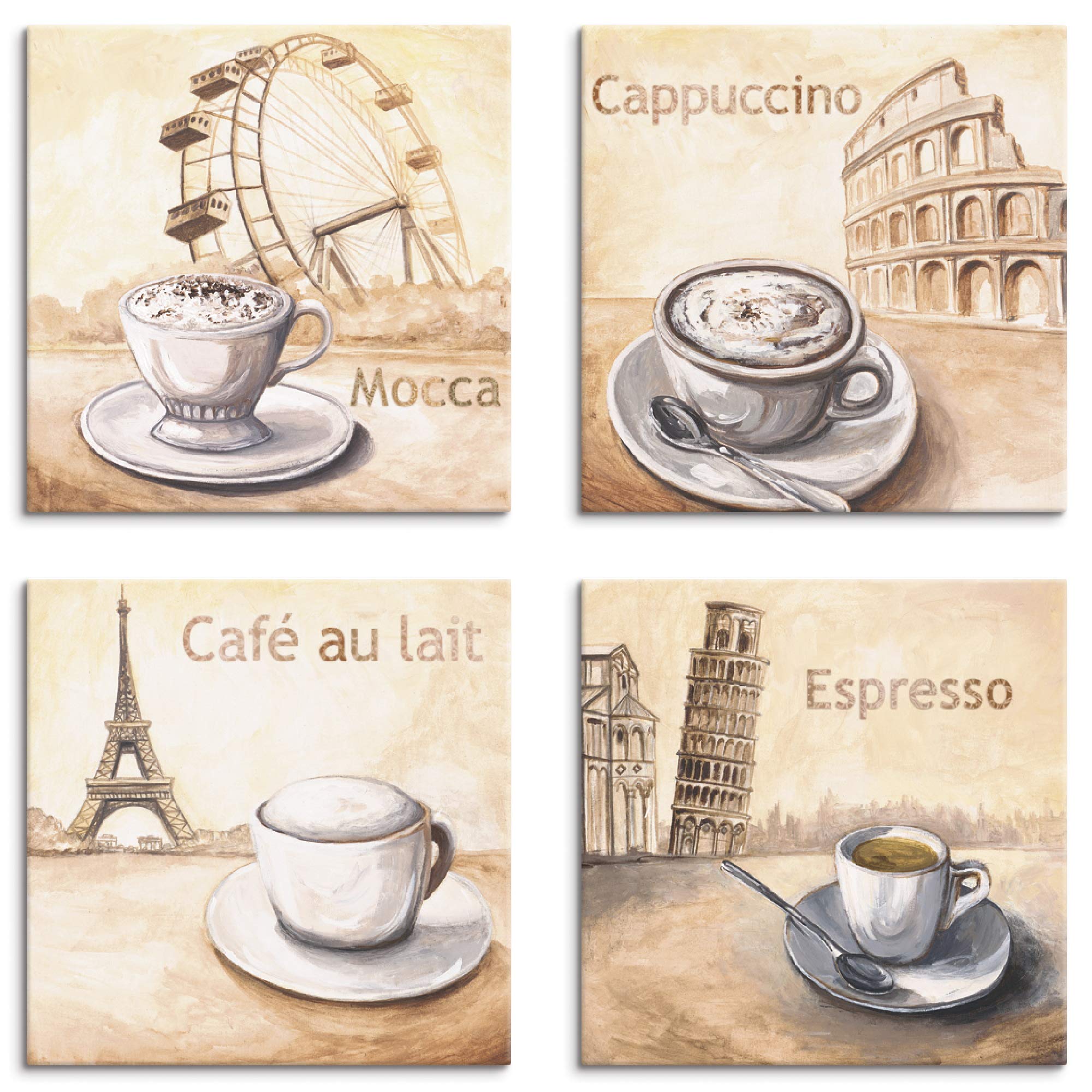 ARTLAND Küchenbilder Leinwandbilder Set 4 teilig je 20x20 cm Quadratisch Kaffee Bilder Cappuccino Cafe Espresso S6MM