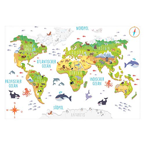 174 Wandtattoo Weltkarte mit Tieren 3D - Kinderzimmer Wanddeko Größe 1800 x 1240 mm