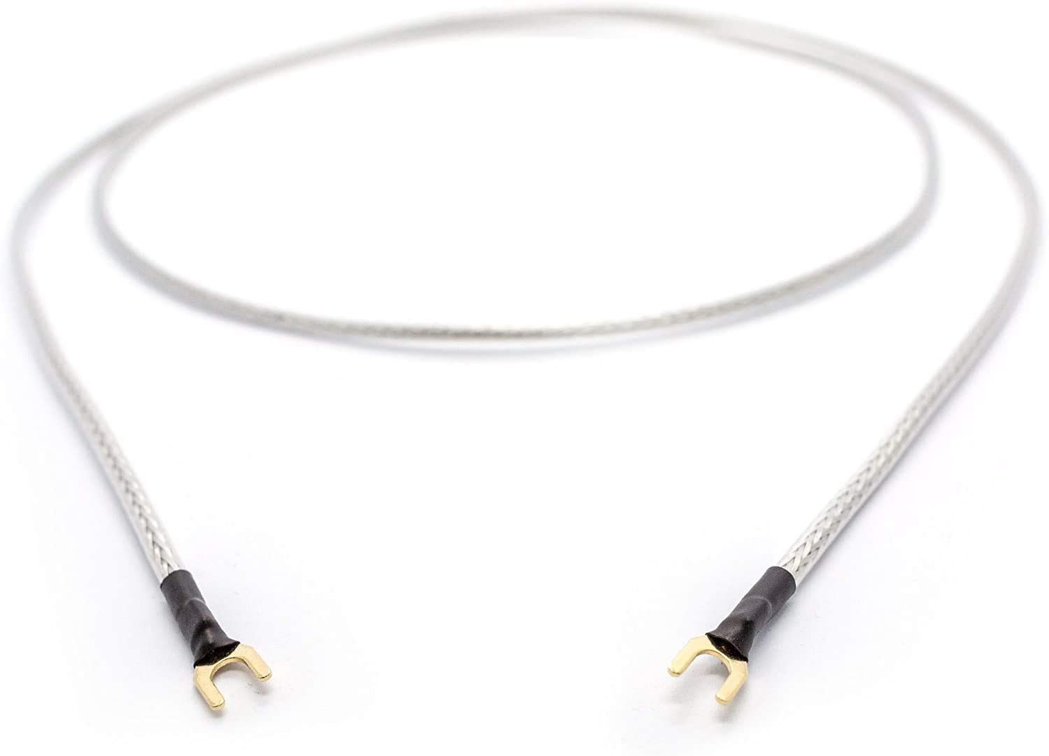 Selected Cable Erdungsleitung 1,75m 1 x 0,50mm² für Plattenspieler Phonogeräte mit Masseanschluß inkl. vergoldeter Gabelschuh Masseleitung transparent Silber Geflechtschirm (175cm)