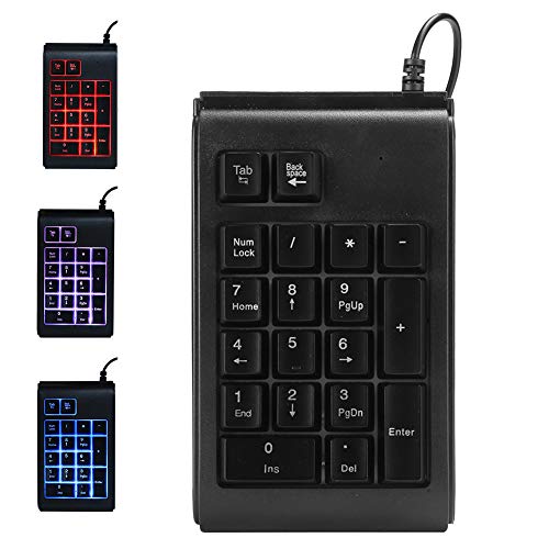 Kabelgebundene Zifferntastatur Tastatur mit 19 Tasten, tragbare Nummer, Tastatur mit Hintergrundbeleuchtung, mechanisches Gefühl, schwarz, dreifarbige Atmung für Laptop, Notebook, Desktop, PC(Schwarz)