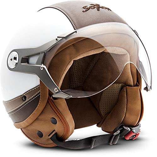 SOXON® SP-325 Urban „White“ · Jet-Helm · Motorrad-Helm Roller-Helm Scooter-Helm Moped Mofa-Helm Chopper Retro Vespa Vintage · ECE 22.05 Visier Leather-Design Schnellverschluss Tasche XS (53-54cm)