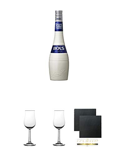 Bols Yoghurtlikör Holland 0,7 Liter + 2 Bugatti Nosing Gläser mit Eichstrich 2cl und 4 cl + 2 Schiefer Glasuntersetzer eckig ca. 9,5 cm Ø