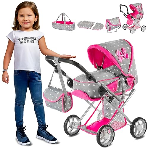 Kinderplay Puppenwagen ab 2 Jahre - Spielzeug ab 2 Jahre Mädchen, Puppenwagen mit Herausnehmbarer Tragetasche und Umhängetasche, Höhenverstellbar von 33 bis 62 cm, KP0200S