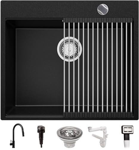 Granitspüle Schwarz 59x50 cm, Spülbecken + Ablauf-Set (Drehknopf) + Küchenarmatur 9000, Küchenspüle für 60er Unterschrank, Einbauspüle von Primagran