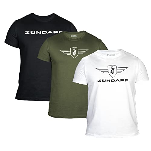 ZÜNDAPP T Shirt Herren oder Damen | Basic Tshirt 3er Set | Unisex Baumwoll T-Shirt 3er Pack (M, Oliv Uni + schwarz Uni + weiß Uni)