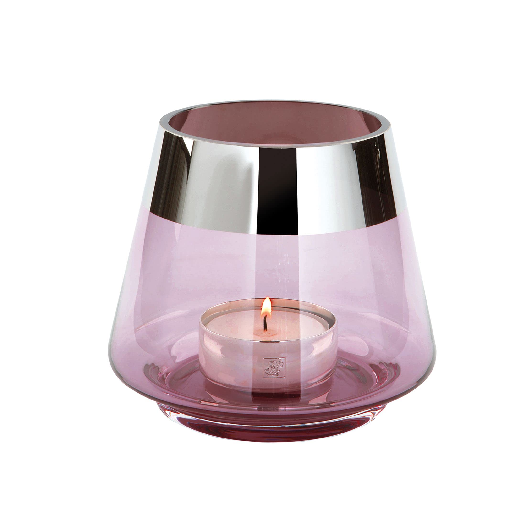 Fink JONA Teelichthalter Glas hellrosa silberfarbener Rand, foliiert nicht spülmaschinengeeignet, Größe: H 13cm, D 15cm, 115018, 13 x 15 cm