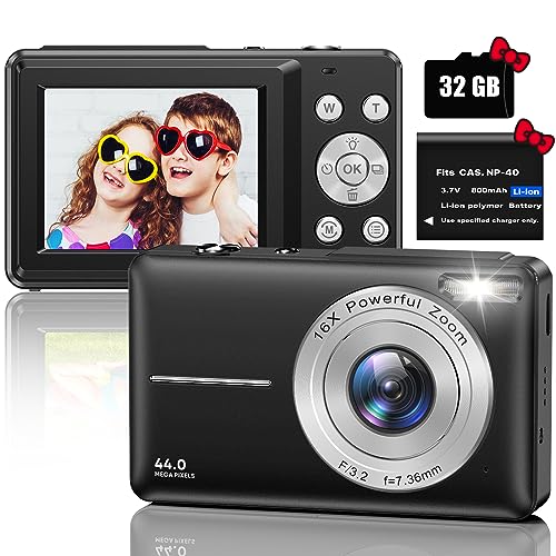 Digitalkamera, FHD 1080P 44MP Fotokamera Kompaktkamera mit 32GB Micro SD-Karte, Mini Digitalkameras, Wiederaufladbare Digital Kamera mit 16X Digitalzoom für Kinder, Erwachsene(Schwarz)