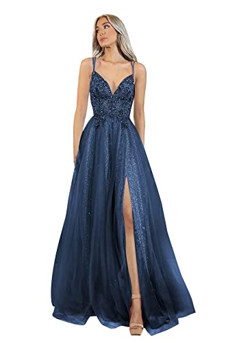 Carnivalprom Damen Appliques Ballkleider Lang Elegant Tüll Spitze Abendkleider Formelle Abschlussball Kleider(Navy Blau,36)