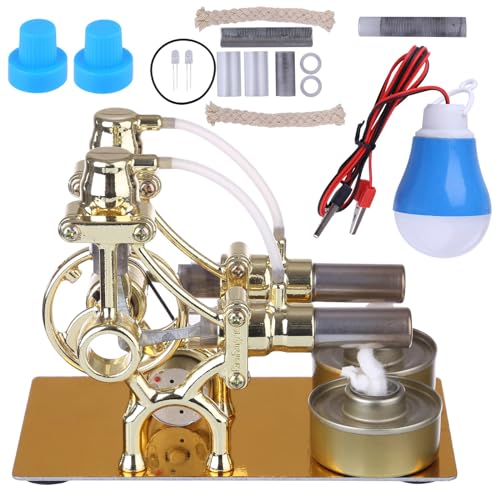 Vollmetall-Motor-Modell-Bausatz, der funktioniert, L-Typ Doppel-Zylinder-Stirling-Motor-Generator-Modell Wissenschaft Experiment Lernspielzeug mit LED-Diode und Glühbirne - Golden