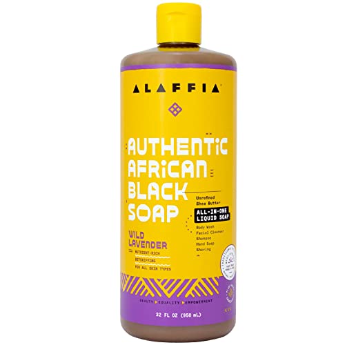 Alaffia Authentische afrikanische schwarze Seife All-in-One, Mehrzweck-Gesichts- und Körperwäsche, Shampoo und Rasierseife, geeignet für alle Hauttypen, Fair-Trade-Sheabutter, Wildlavendel, 90 ml