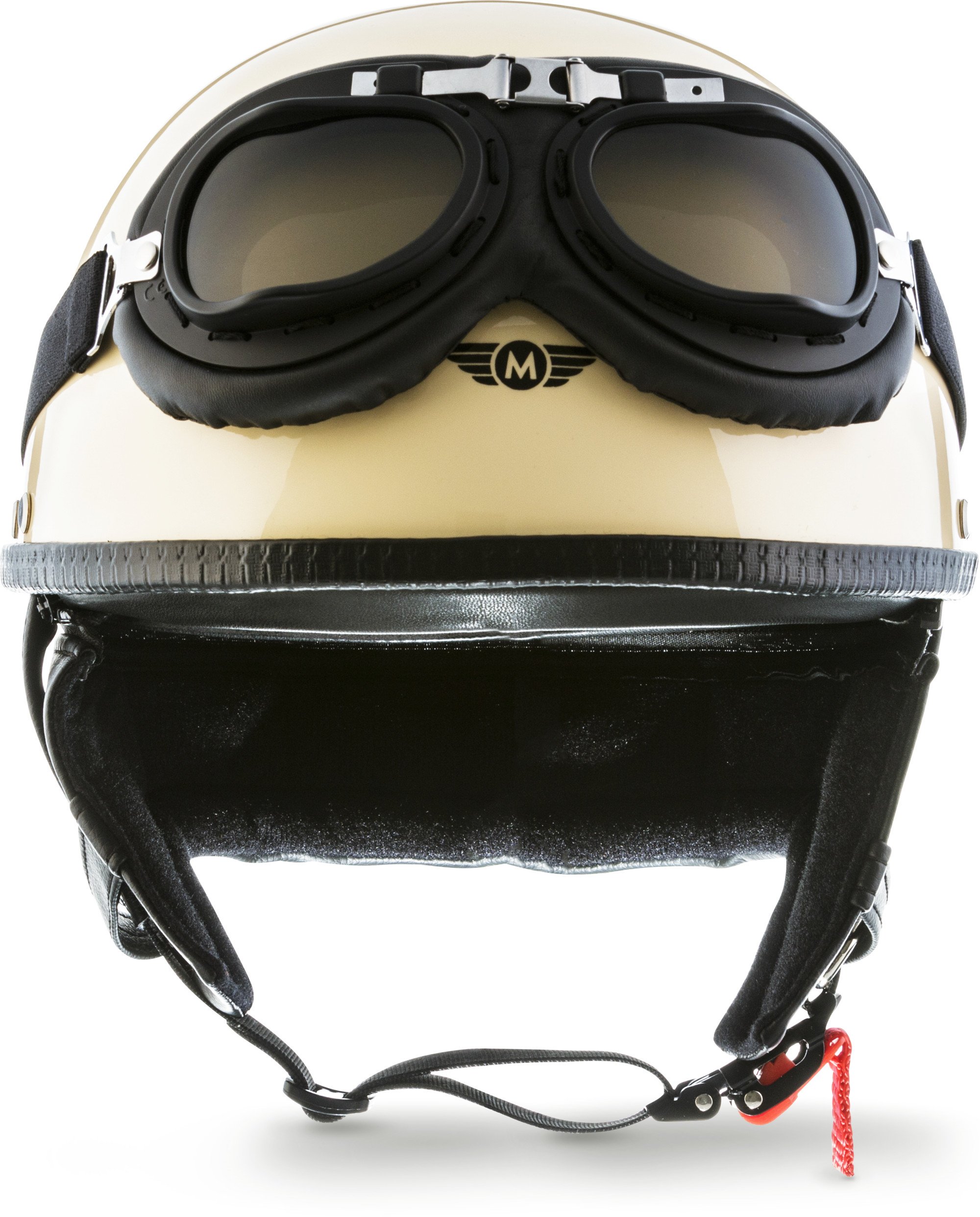 Moto Helmets® D22-Set „Creme“ · Brain-Cap · Halbschale Jet-Helm Motorrad-Helm Roller-Helm Scooter-Helm Bobber Mofa-Helm Chopper Retro Cruiser Vintage Pilot Biker Helmet Brille Visier · M (57-58cm)