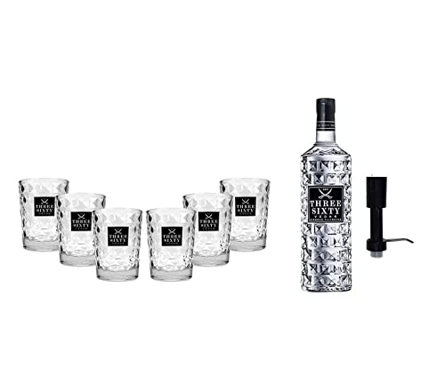 Three Sixty Set Geschenkset ? Three Sixty Vodka Wodka3L 3000ml (37,5% Vol) +Pumpe + 6x Tumbler 0,2l 200ml Facettenschliff Glas- [Enthält Sulfite]