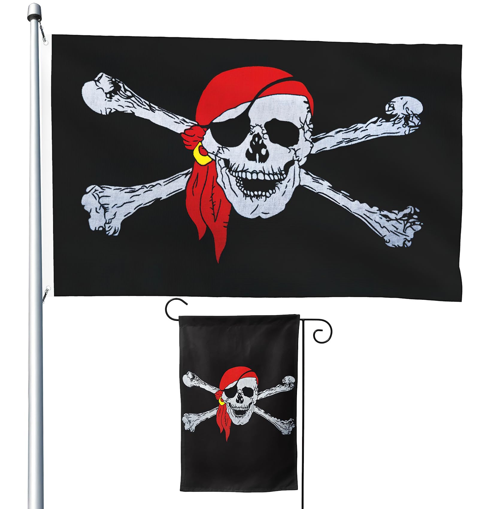 Lyiukz Piratenflagge, 12 x 180 cm, lustige Jolly Roger-Flaggen, doppelseitig, mit rotem Bandana und Gartenflaggen, 30,5 x 45,7 cm, lebendige Farben und farbecht, langlebig, für drinnen und draußen