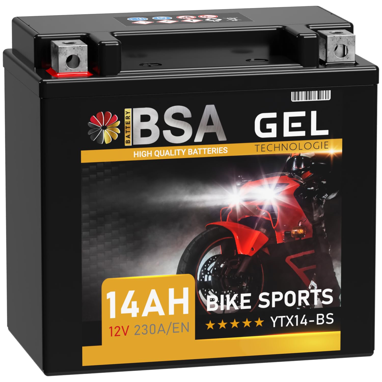 BSA YTX14-BS GEL Roller Batterie 12V 14Ah 230A/EN Motorradbatterie doppelte Lebensdauer entspricht 51214 YTX14-4 CTX14-BS GTX14-BS vorgeladen auslaufsicher wartungsfrei