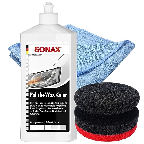 Craft-Equip Politur-Set bestehend aus einer SONAX 500ml Polish+Wax Color WEISS + Craft-Equip Ø90mm Polierpuck ROT + Craft-Equip Microfasertuch BLAU