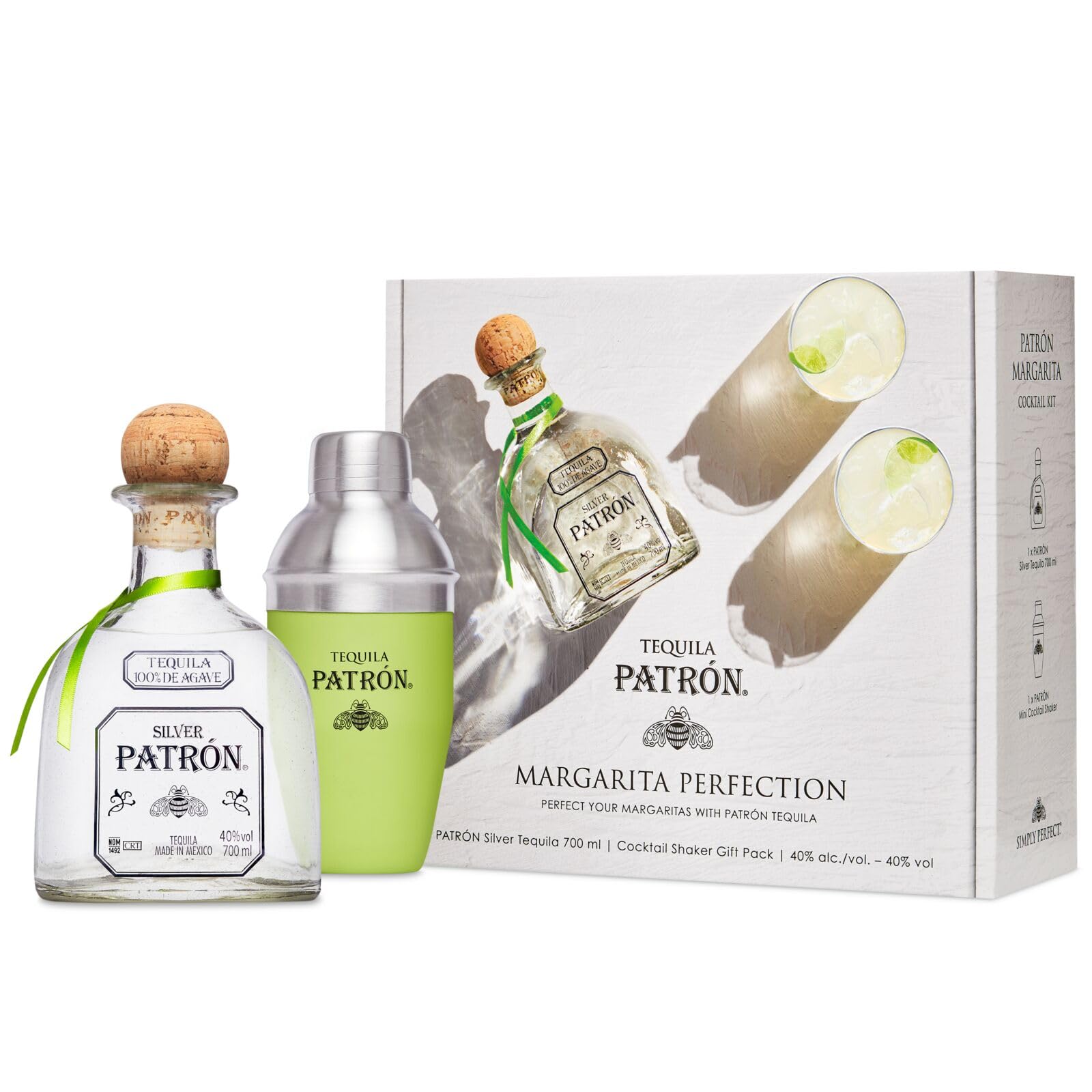 PATRÓN Silver Premium-Tequila aus 100 % besten blauen Weber-Agaven mit Cocktail-Shaker und Geschenkbox, in Mexiko in kleinen Chargen handdestilliert, perfekt für Cocktails, 40% Vol., 70 cl/700 ml