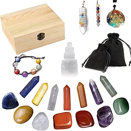 LiuliuBull 19. Stck Chakra Healing Crystals Steine ​​Set Natural Crystal Starter Kit mit Labradorit, Chakra-Armband, Halskette Meditation, Kristalle for Anfänger