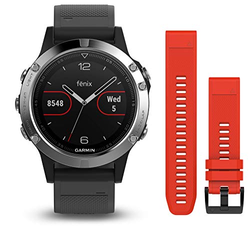 Garmin Fenix 5 - Multisport watch with HR and GPS, 47 mm, Silver pack 2 straps (Black and red)