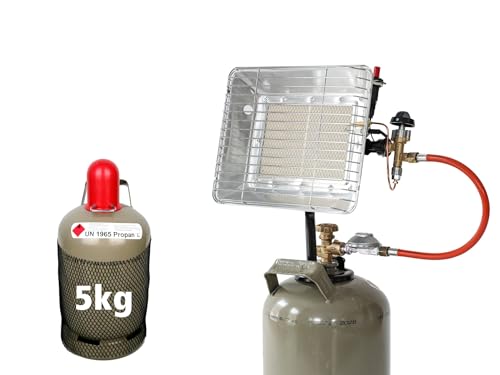 Rothenberger Industrial 4 teiliges Komplett-Paket: Gas Heizstrahler Aufsatzstrahler mit Zündung | 0,4 m Propangasschlauch | 1x Propankonstantregler 50 mbar und Propangas 5 kg leer