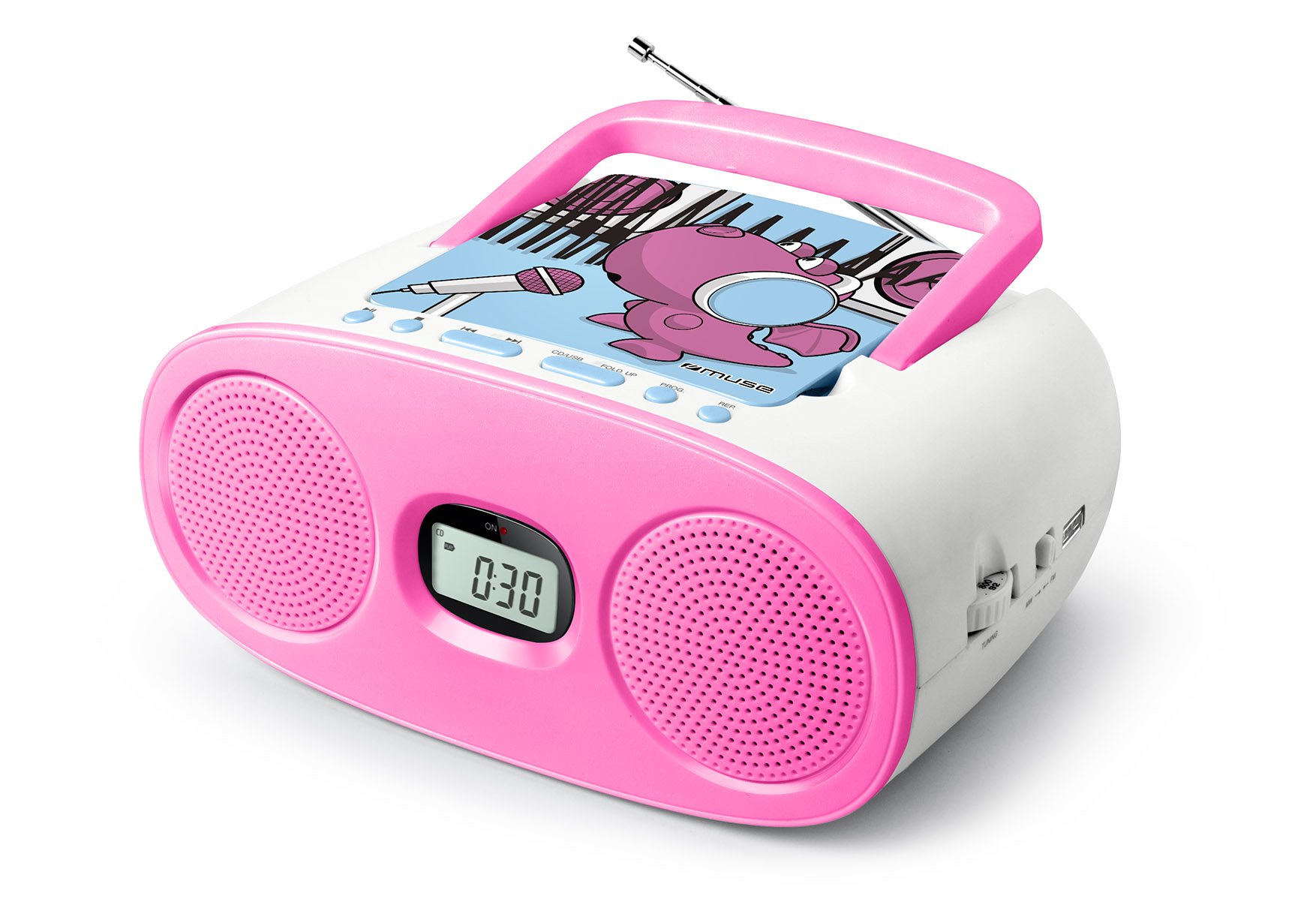 Muse M-23 KDG CD-Radio für Kinder (CD / MP3, USB, AUX-In, LCD-Display, Teleskopantenne, Netz- oder Batteriebetrieb), Rosa / Weiß mit Comic-Motiv