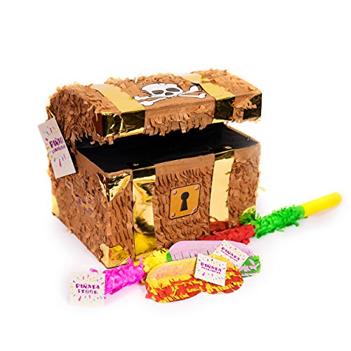 Trendario Pinata Set Schatztruhe, Pinjatta + Stab + Augenmaske, Ideal zum Befüllen mit Süßigkeiten und Geschenken - Piñata Schatzkiste für Piraten Kindergeburtstag Spiel, Geschenkidee, Party, Hochzeit