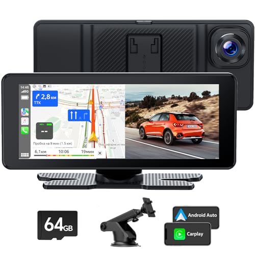 Apple Carplay Wireless Android Auto Display mit 2,5K-Dashcam, Tragbares Autoradio mit Bildschirm 6.86 Zoll, Siri/Google/Bluetooth/GPS/FM/Mirror-Link/Loop Recording/64G SD-Karte