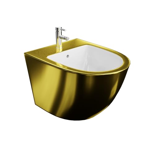 LAVITA Universal Wand-Bidet Sofi Gold/White mit Hahnloch und Überlaufschutz aus Keramik | Sitzwaschbecken zur Montage an der Wand | Hygienisch und Pflegeleicht | 36,5x49x32,5 cm |