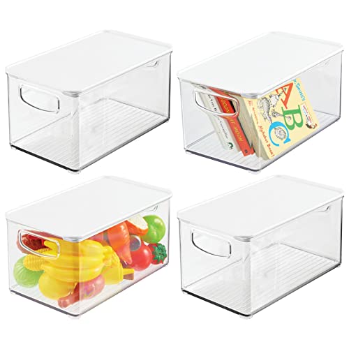 mDesign 4er-Set Spielzeugaufbewahrung – große Aufbewahrungsbox mit Deckel aus stabilem Kunststoff – stapelbare Box für Bastel- und Spielsachen im Kinderzimmer – durchsichtig und weiß