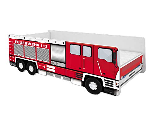 ACMA Kinderbett Auto-Bett Feuerwehr mit Rausfallschutz, Lattenrost und Matratze (160x80)