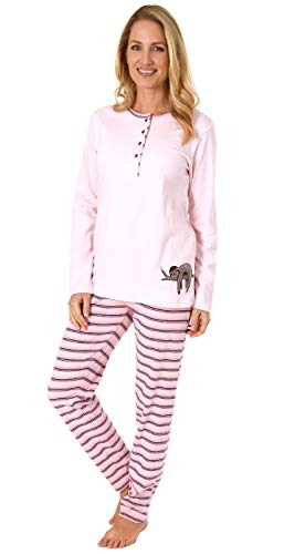 Damen Pyjama Schlafanzug, gestreifte Hose, niedliches Faultier Motiv - auch in Übergrösse, Farbe:rosa, Größe2:40/42