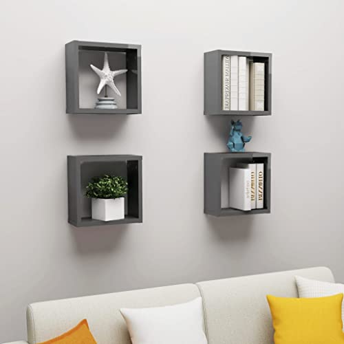 Würfelregale 4 STK, Würfelregal-Set in Moderner Regalwürfel Flexicube MDF Hochglanz Hängeregal Cube Regal für Bücher DVD Auszeichnungen Büchern Sammlerstücken, Hochglanz-Grau 30x15x30 cm