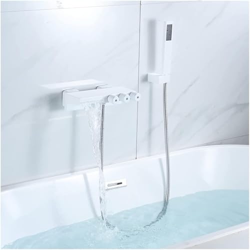 JQFDD Waterfall Bath Tap with Hand Shower, Bath Mixer, Wall Mount, Bathtub Tap, Brass Bath Mixer, 3 Handles, Bath Mixer with 1.5 m Hose, White