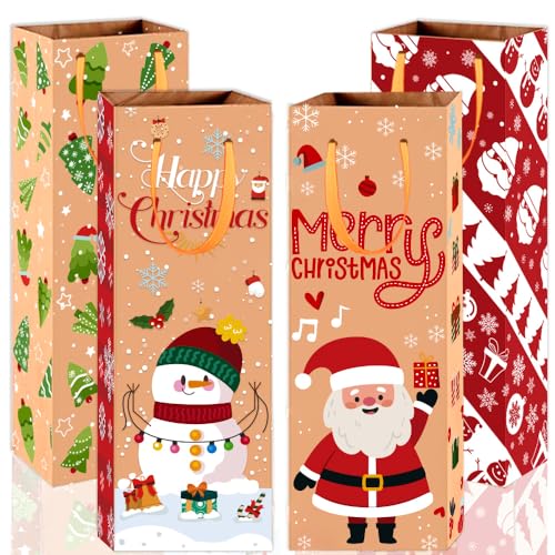 Wlulu Flaschentüten Geschenk Weihnachten 8 Stück Wein-Kraftpapier Weihnachten Flaschenbeutel mit Griffen Weihnachten Flasche Geschenktüten für Weihnachten Party Verpackung, braun